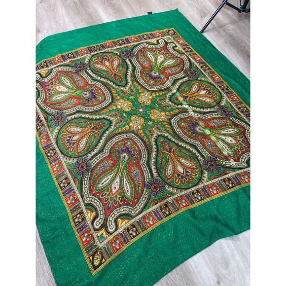 Vintage Paisley Wool Scarf Green Gold Thread Women's‎ Fall - Picture 3 of 6